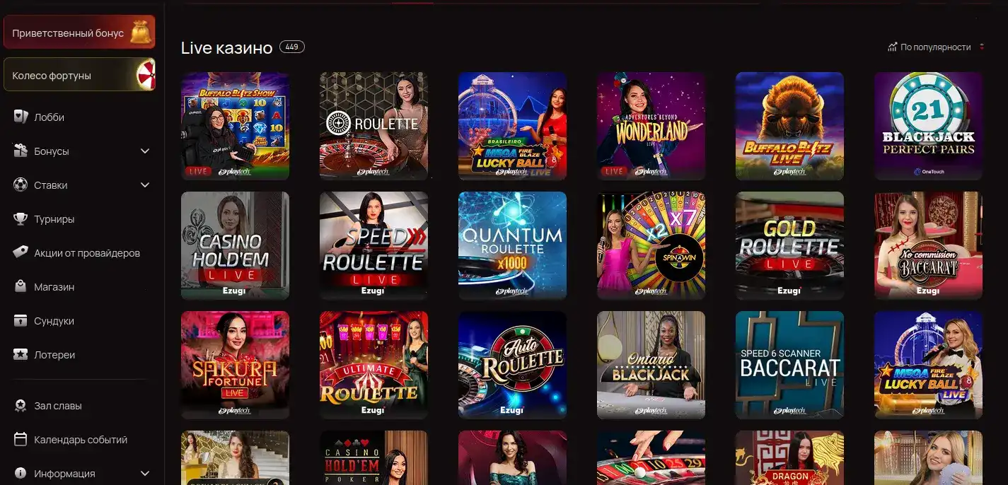 Интерфейс игровых автоматов в казино Восток